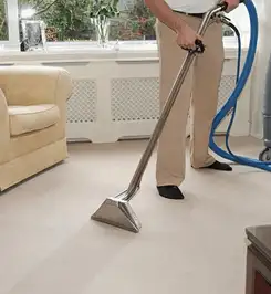 Professional carpet cleaner using a hot-water extraction wand and hose machine in a living room in Minneapolis, MN.