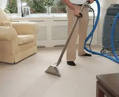 Carpet cleaning professional removing dirt and stains with a hot-water extraction tool in a home, Minneapolis, MN.