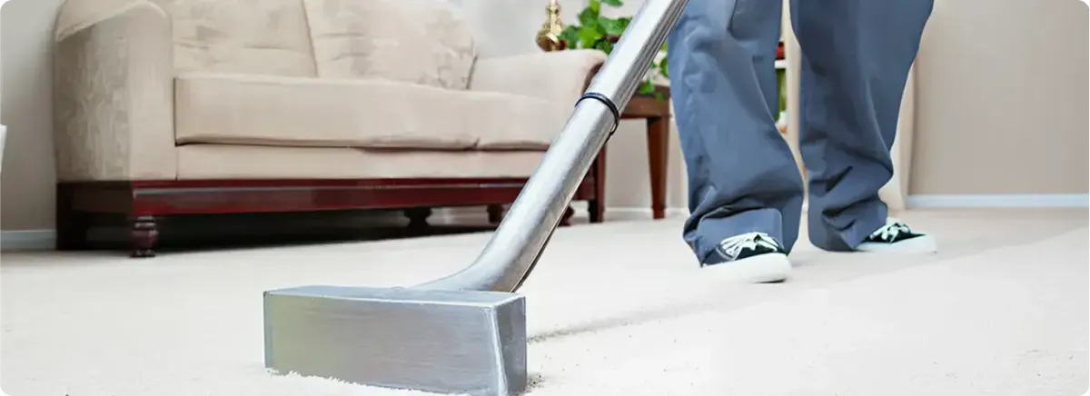 Carpet cleaning technician using a hot-water extraction wand on a light-colored carpet in a living room, Minneapolis, MN.