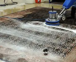 Professional rug cleaning with a rotary floor machine and shampoo foam, deep-cleaning an area rug, in Minneapolis, MN.